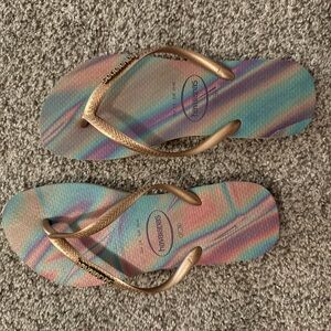 Havaianas Multicolor Flip Flops with Gold Straps